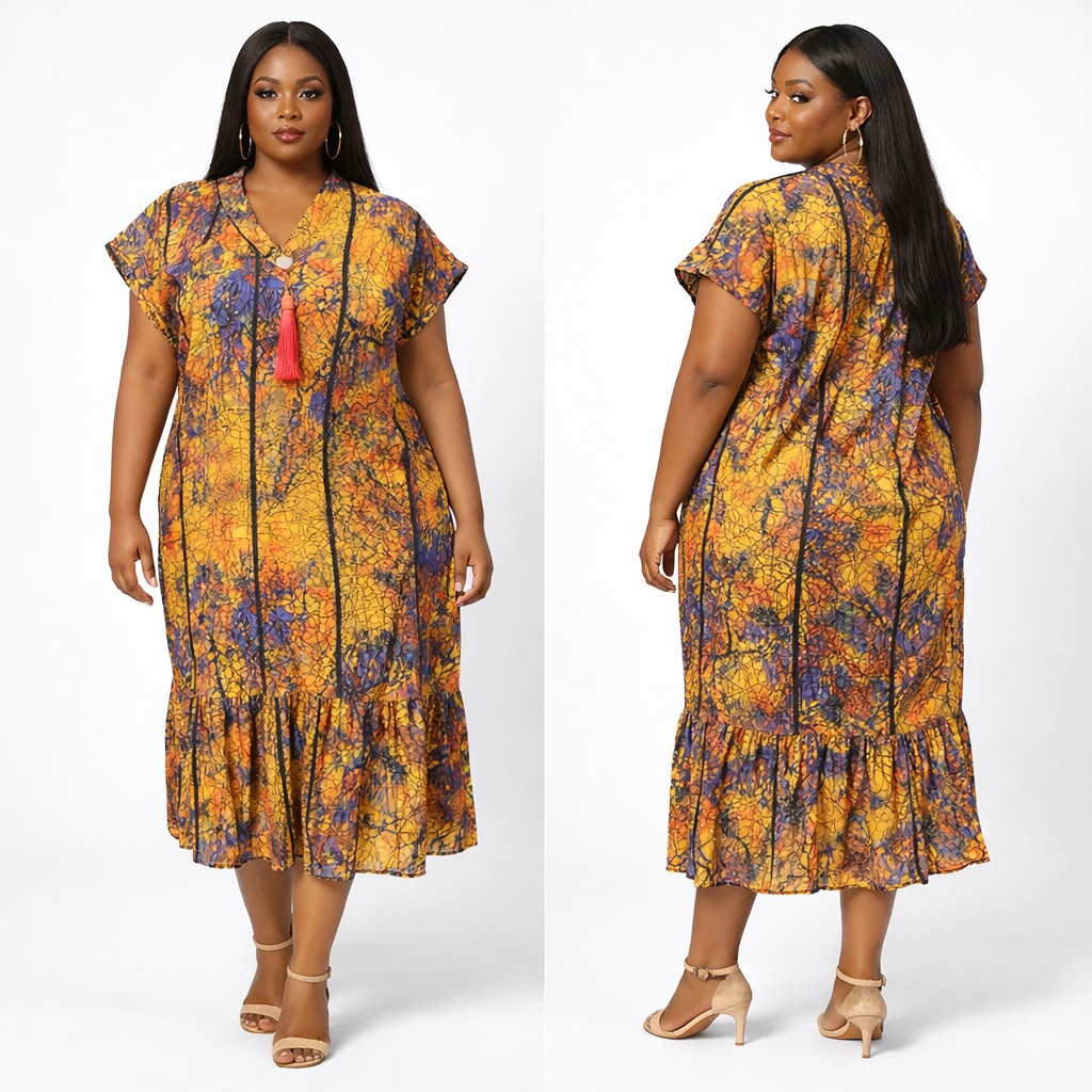 Abstract Splash Print Kaftan Midi Dress with Tassel Detail