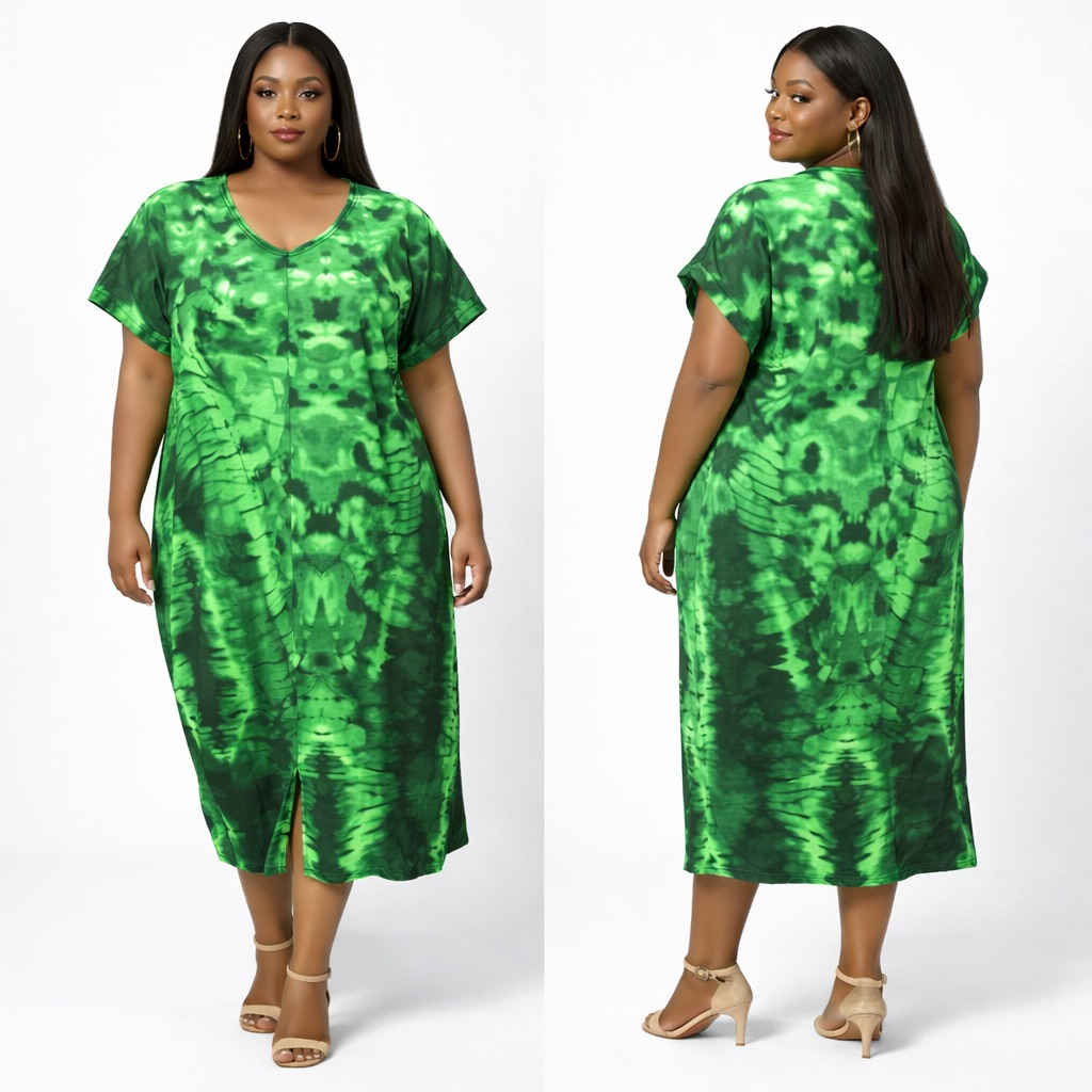 Womens Green Tie Dye Kaftan Maxi Dress