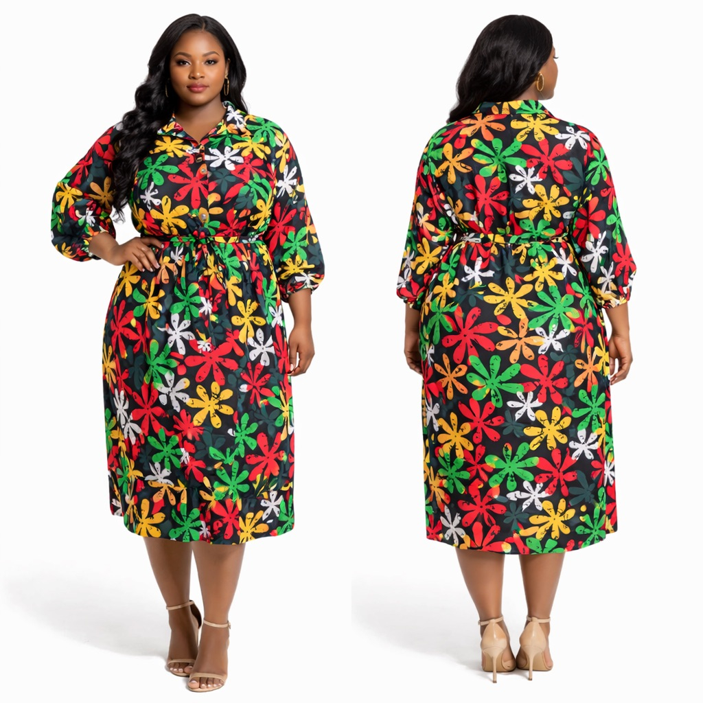 Womens Multicolor Floral Print Midi Shirt Dress with Waist Tie