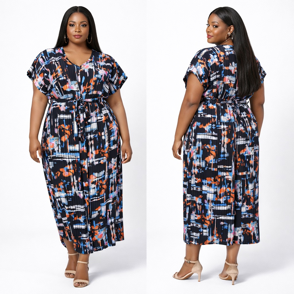 Womens Abstract Print Pleated Maxi Dress with Waist Tie
