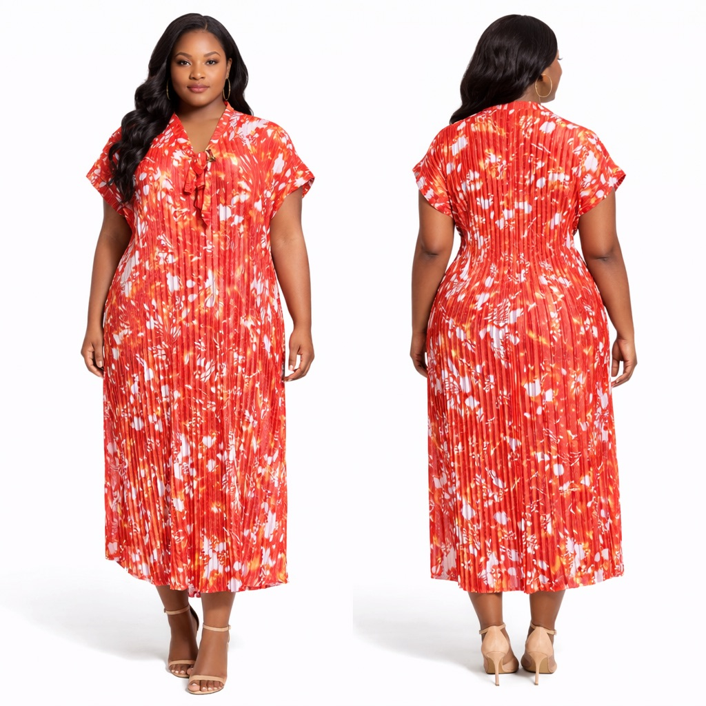 Womens Red Tie Dye Pleated Kaftan Maxi Dress