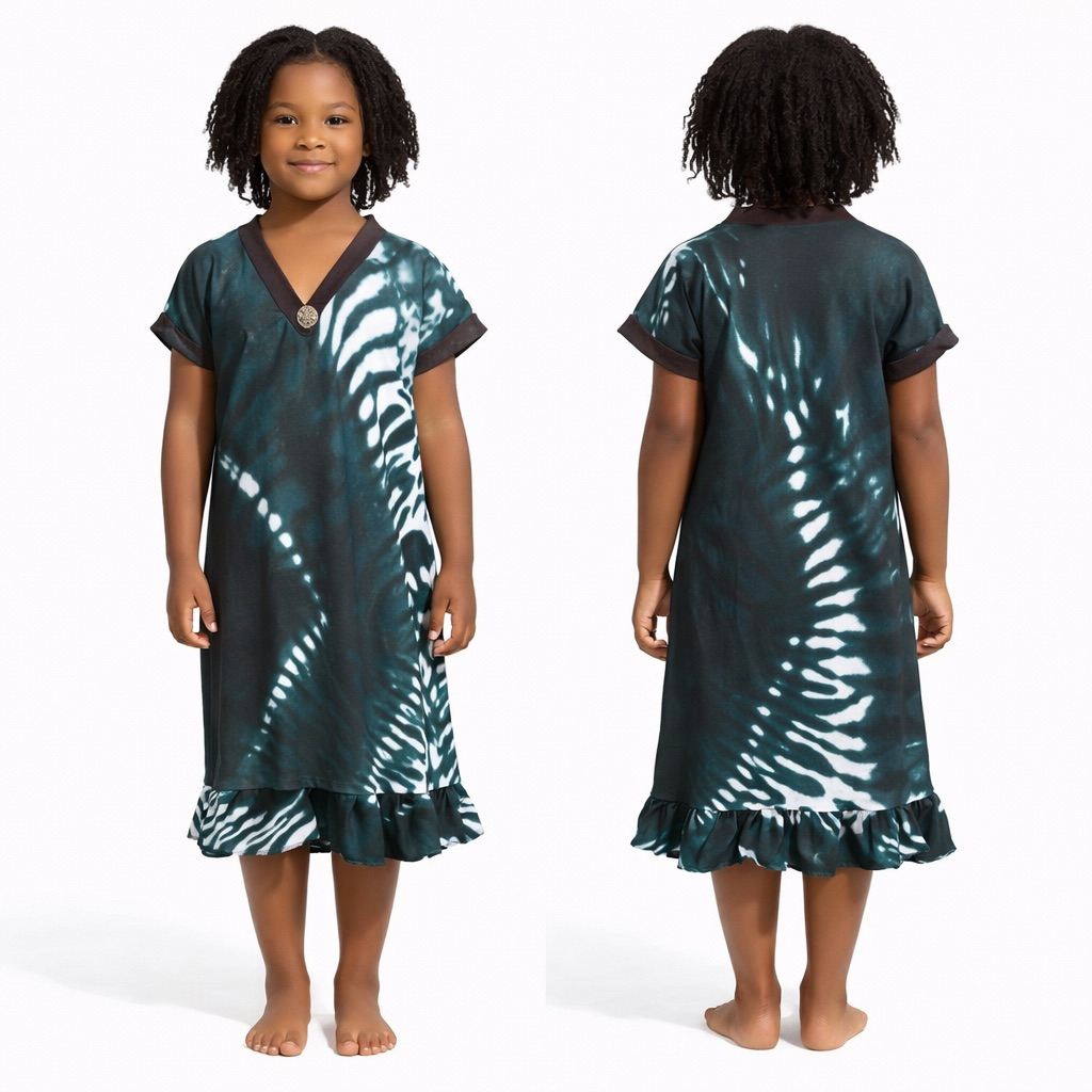 Girls Dark Green Tie Dye Kaftan Midi Dress with V Neck Detail