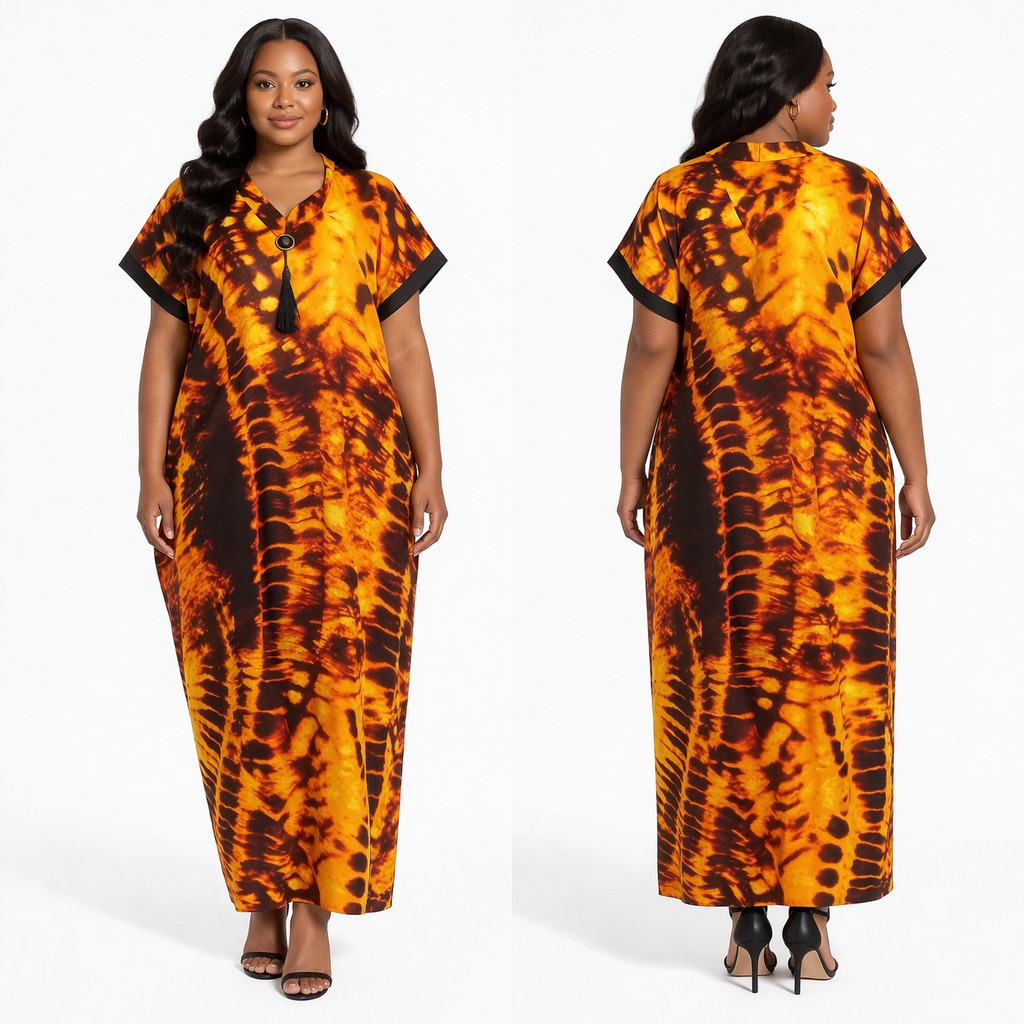 Womens Orange Tie Dye Kaftan Maxi Dress with Tassel Detail