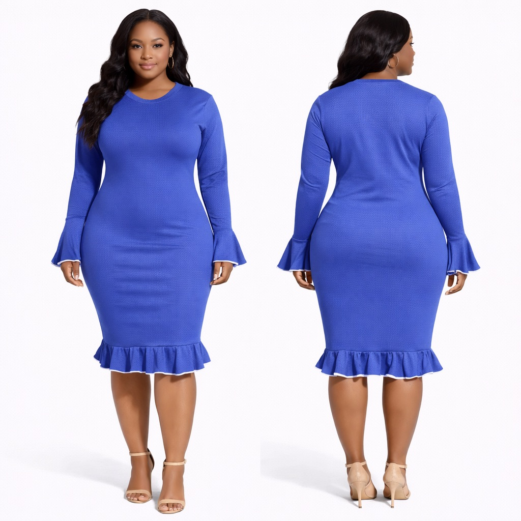 Womens Blue Ribbed Bodycon Midi Dress with Ruffle Hem and Sleeve Detail