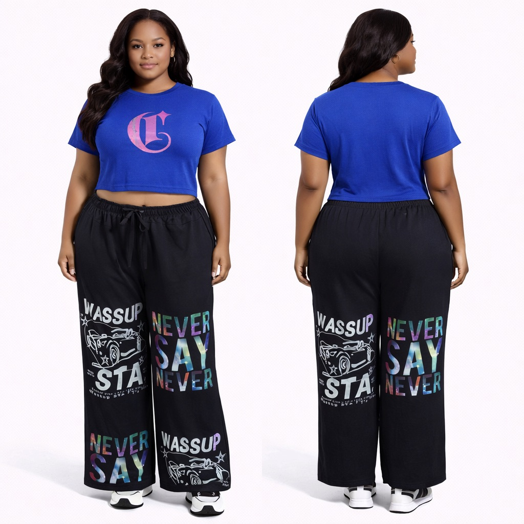 Womens Graphic Crop Top and Wide Leg Printed Pants Two Piece Set