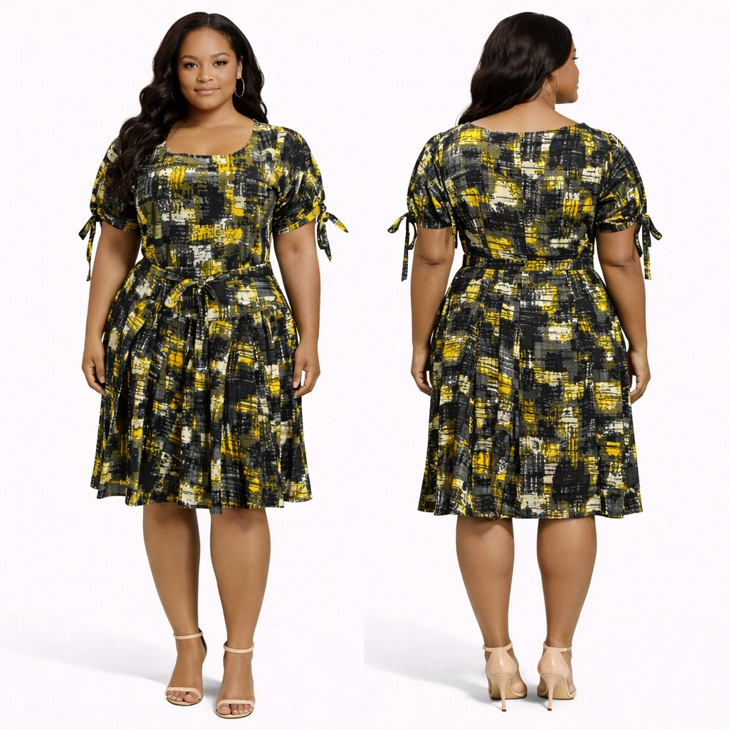 Womens Abstract Print Fit  and  Flare Mini Dress with Waist Tie