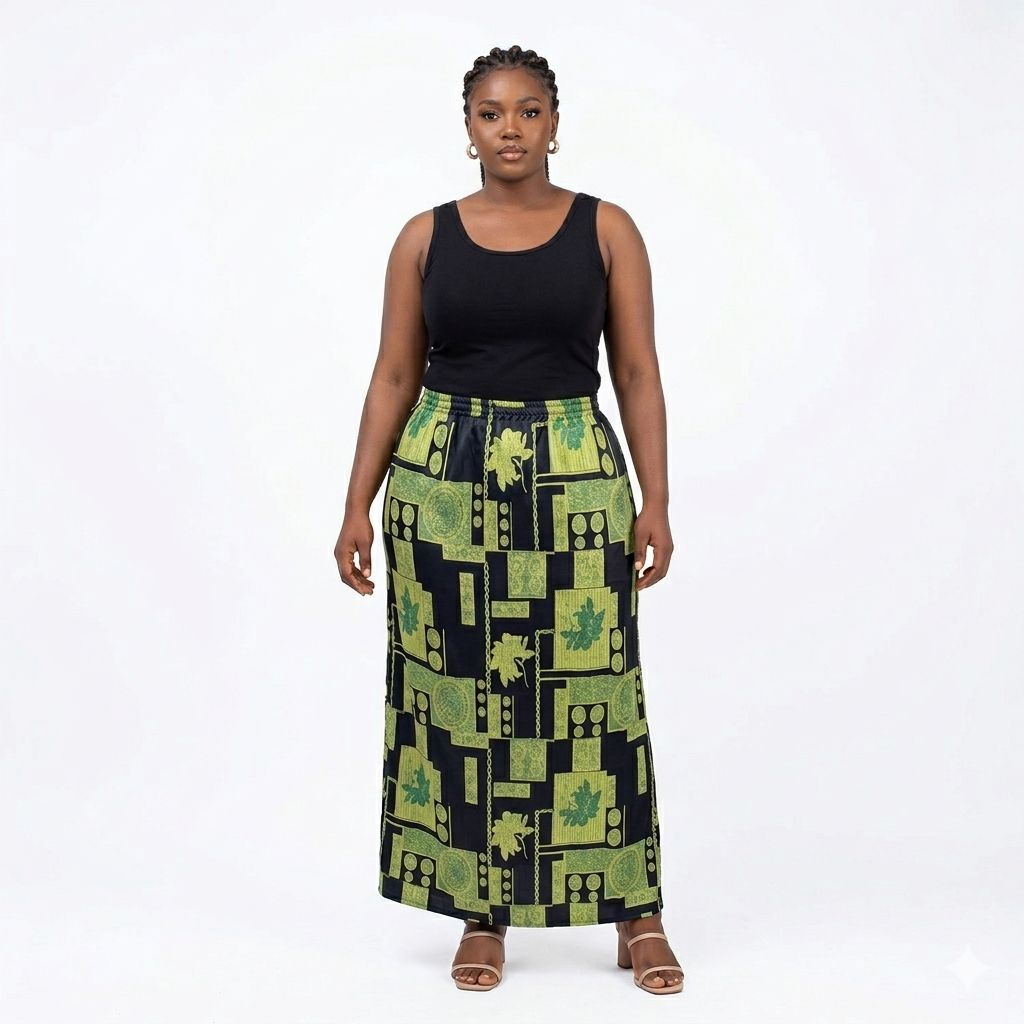 Green and Black Patterned Elastic Waist Midi Skirt