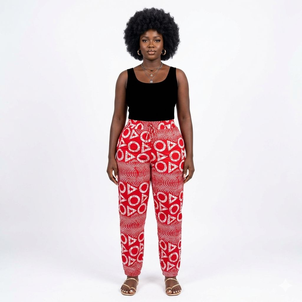 Red and White Patterned Elastic Waist Trousers