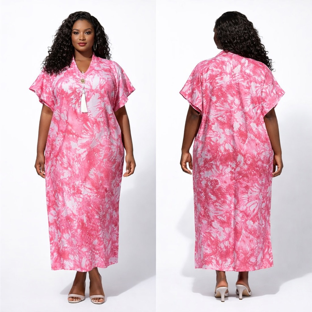 Womens Pink Tie Dye Kaftan Maxi Dress with Tassel Detail