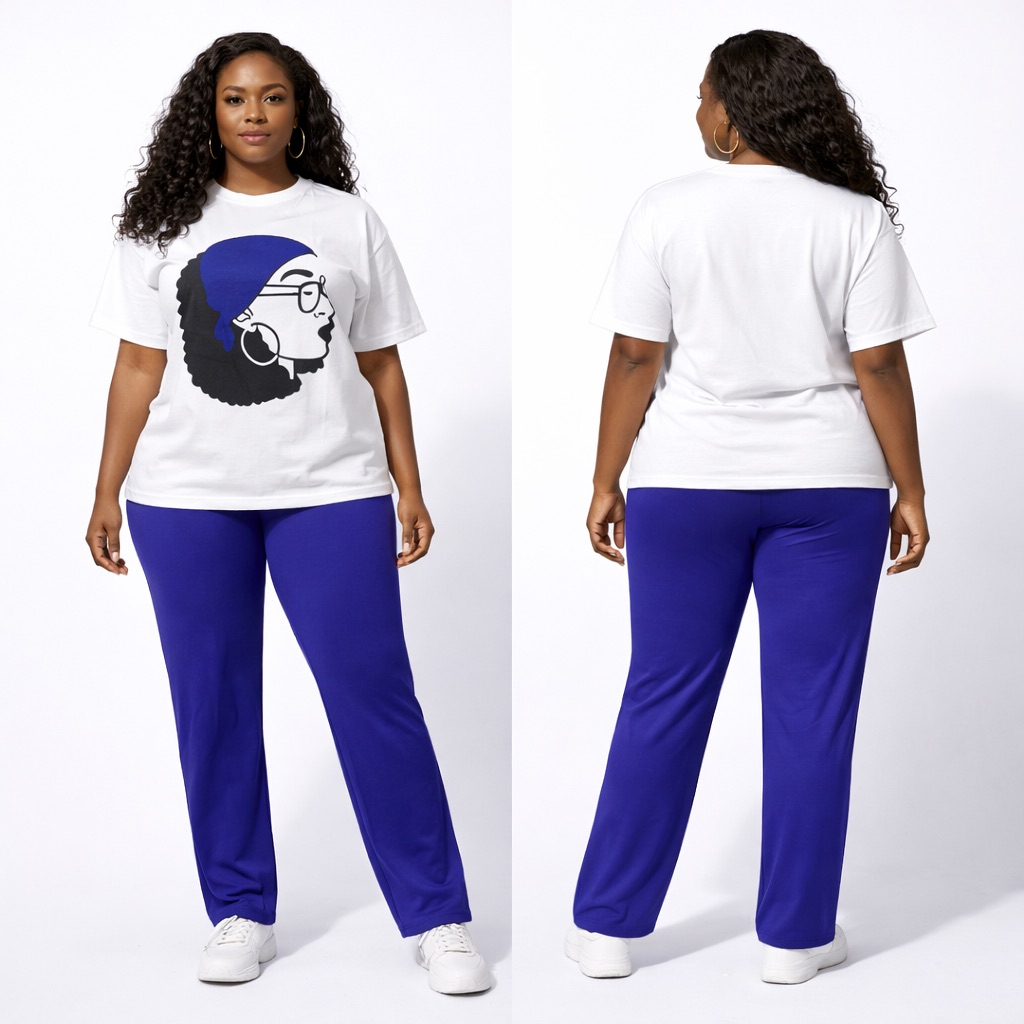 Womens White Graphic T shirt and Blue Pants Two Piece Casual Set