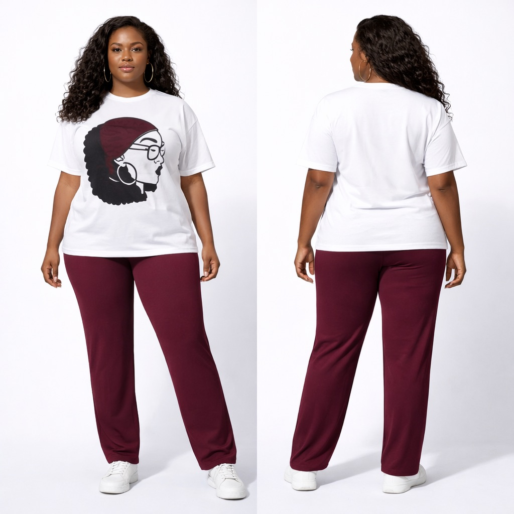 Womens White Graphic T Shirt and Burgundy Pants Two Piece Casual Set