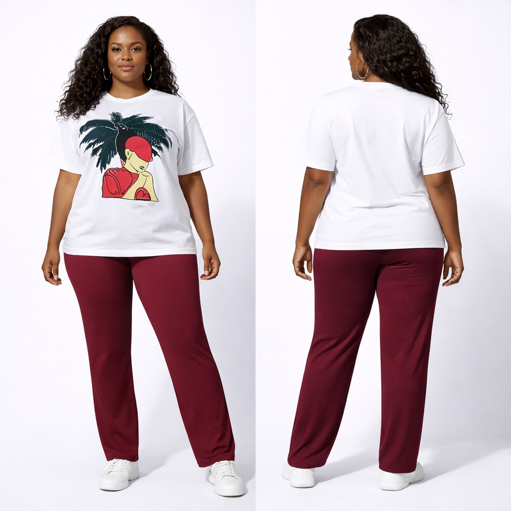 Womens White Artistic Graphic T Shirt and Red Pants Two Piece Casual Set