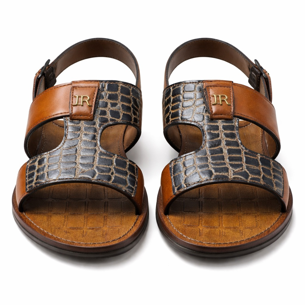 Mens Brown Leather Sandal with CrocTextured Strap and Adjustable Ankle Buckle