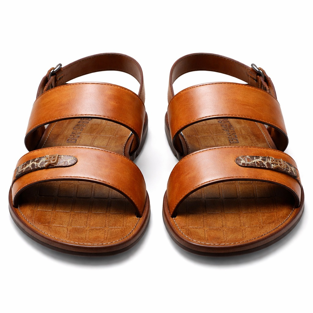 Mens Brown  Leather Sandal with Dual Strap and Croc Detail Accent