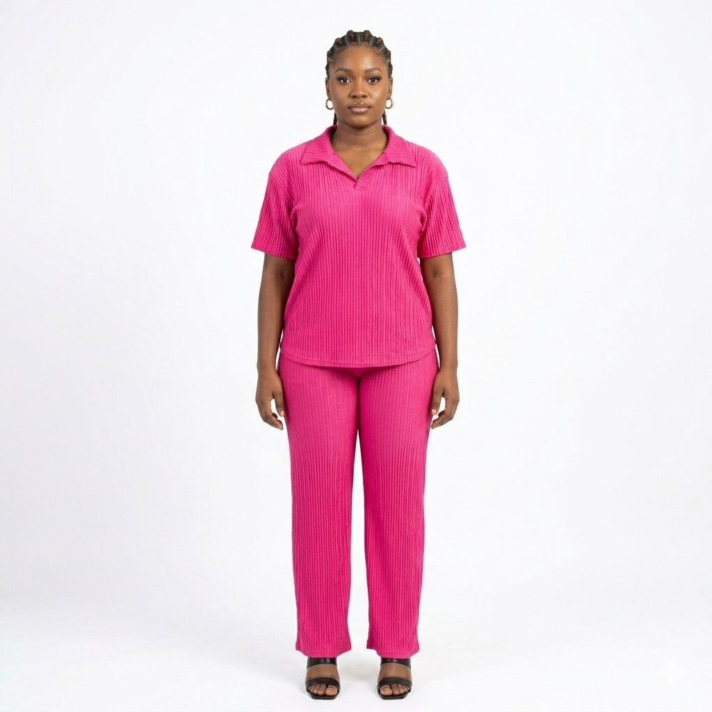 Women pink Pleated Short Sleeve Top and Pants Set