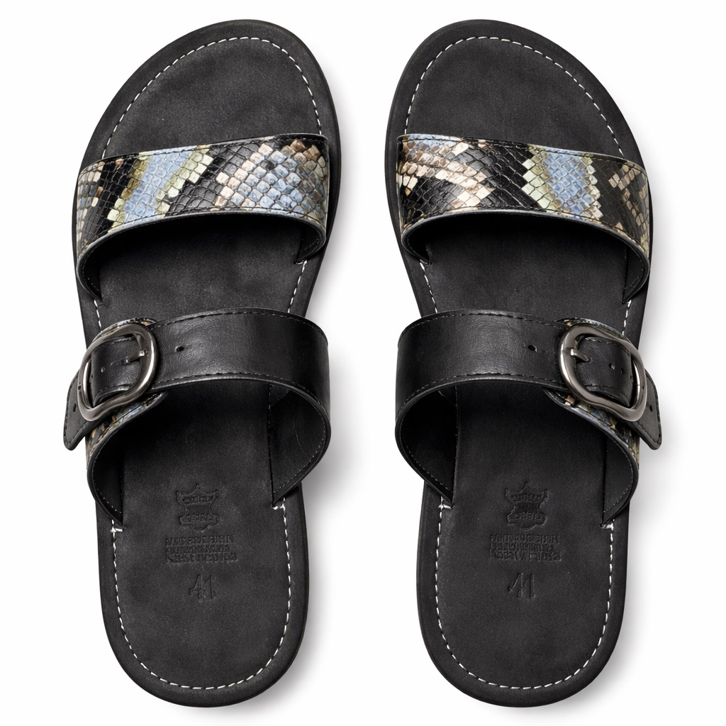 Mens Black Leather Sandal with Snakeskin  Pattern Strap and Buckle Closure