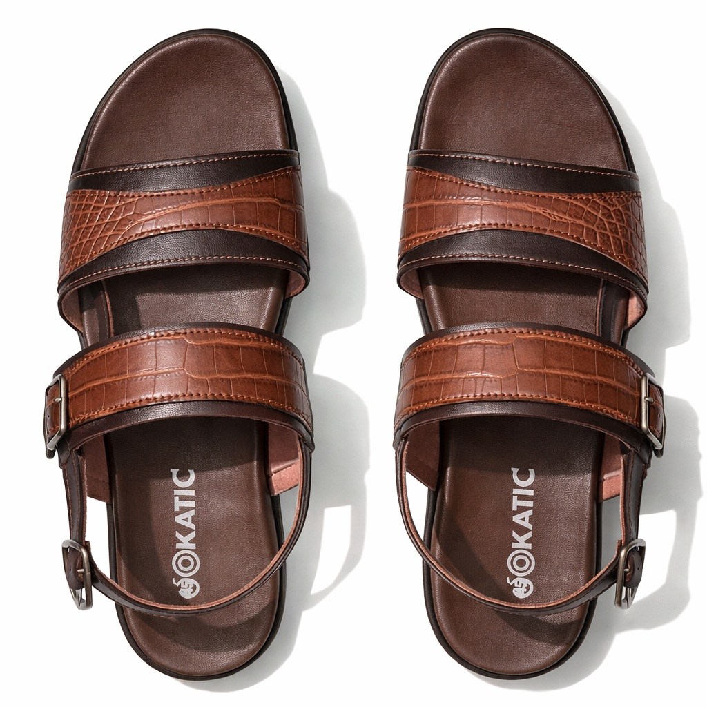 Mens Brown  Leather Sandal with Dual CrocTextured Straps and Adjustable Ankle Buckle