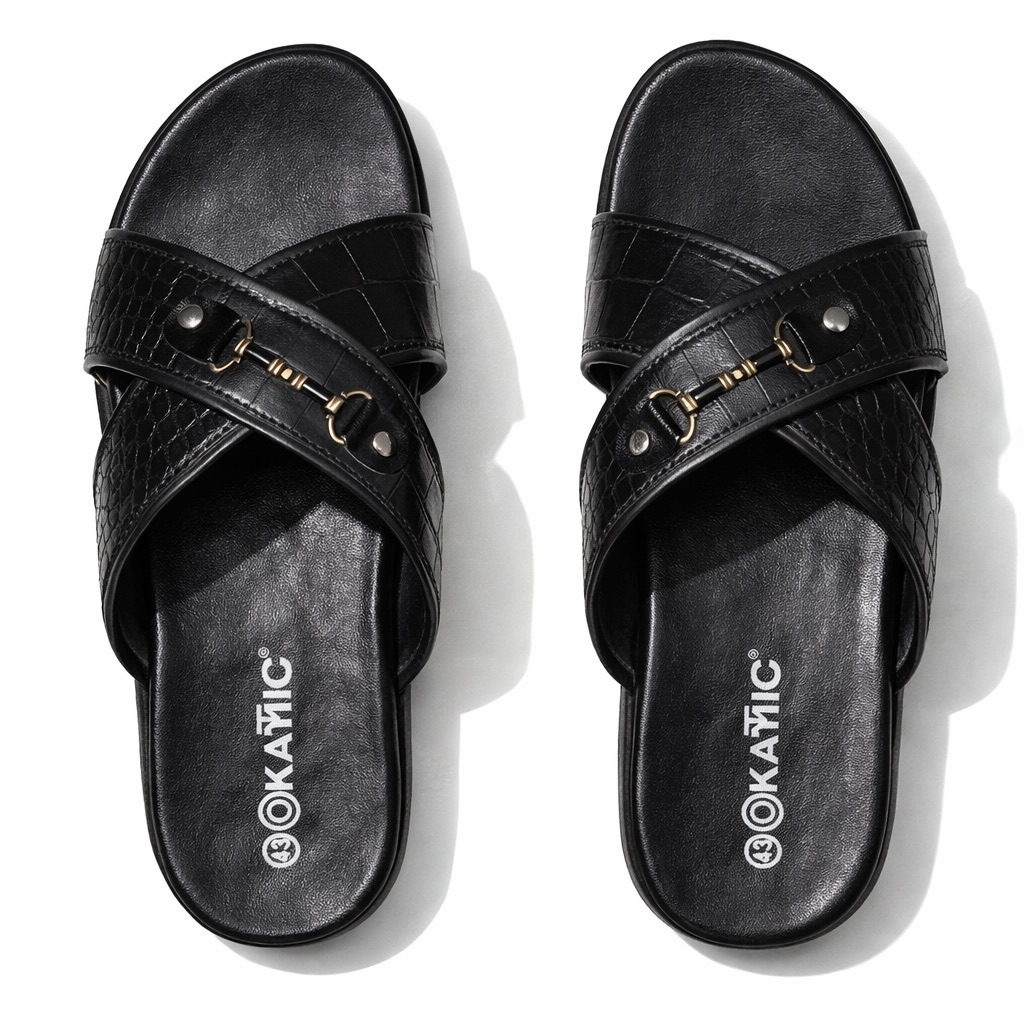 Mens Black  Leather Slide Sandal with Cross Strap and Metal Detail