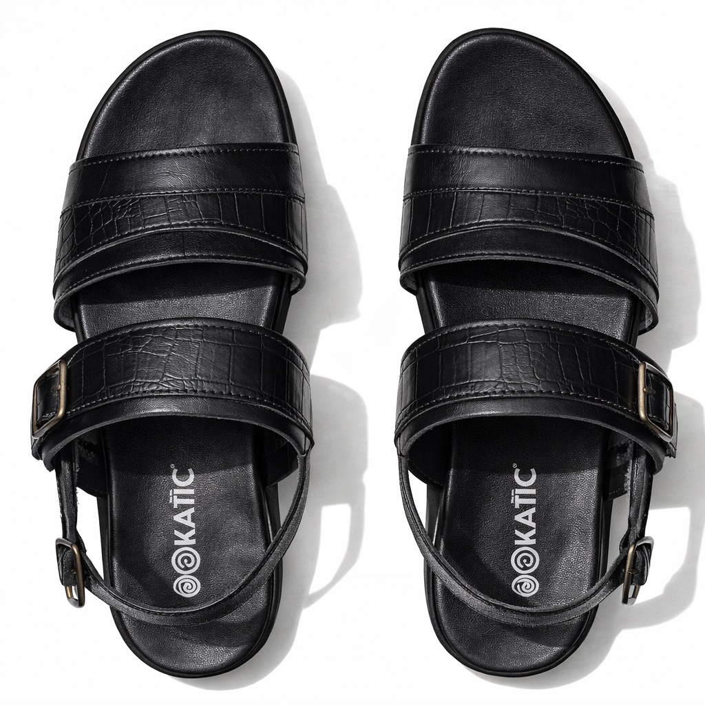 Mens Black Leather Sandal with  Dual Croc Textured Straps and Buckle Closure