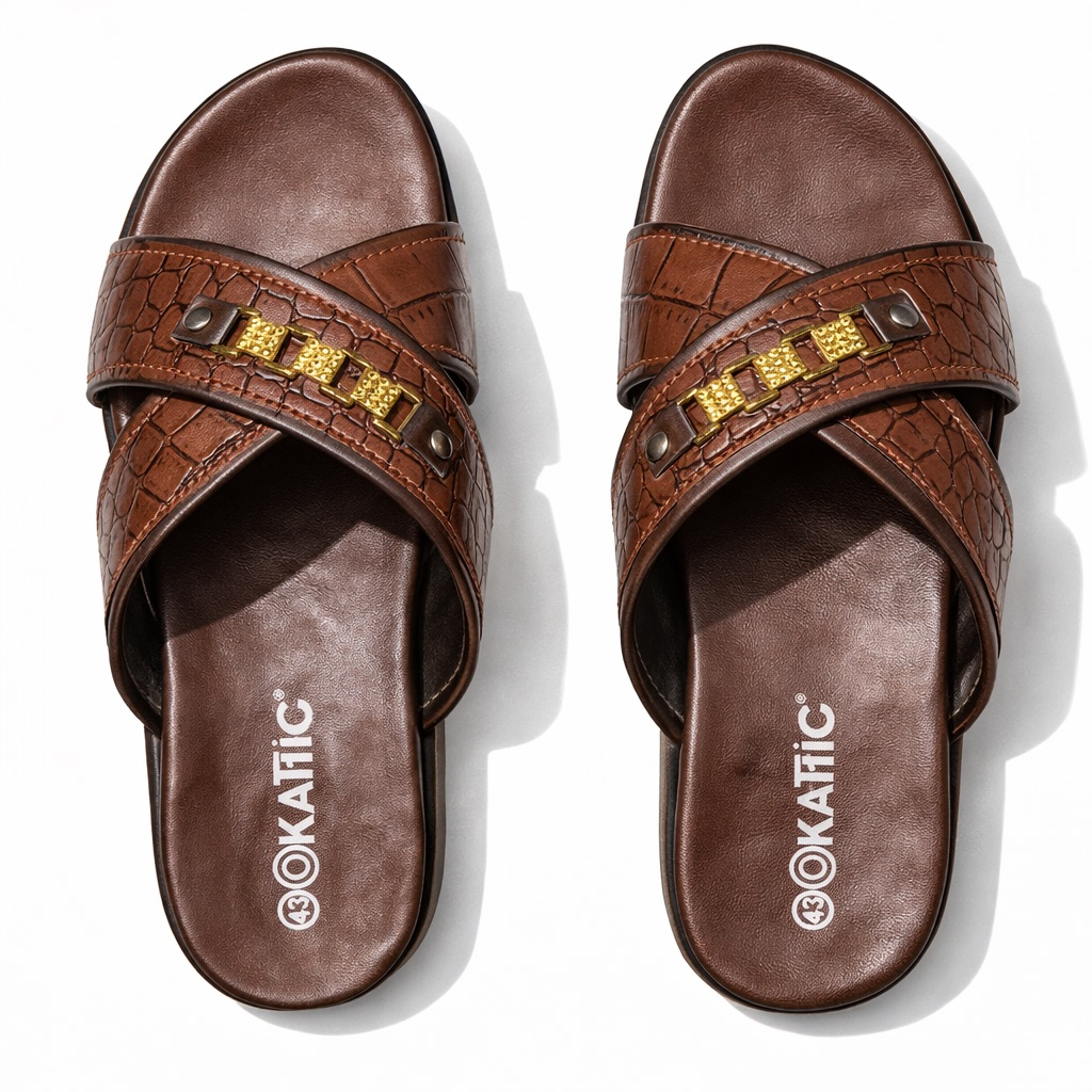 Mens Brown Croc Textured Slide Sandal with  Gold Detail and Cross Strap