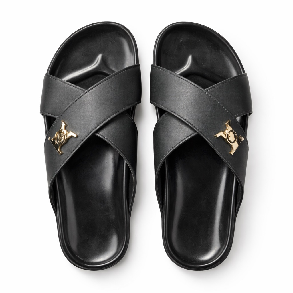 Mens Black Cross Strap Slide Sandal  with Gold Logo Detail