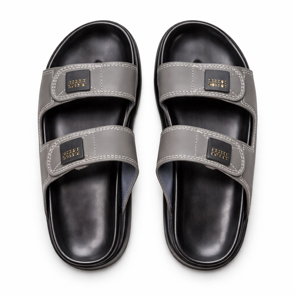 Mens  Grey Dual Strap Slide Sandal with Contrast Stitch Detail