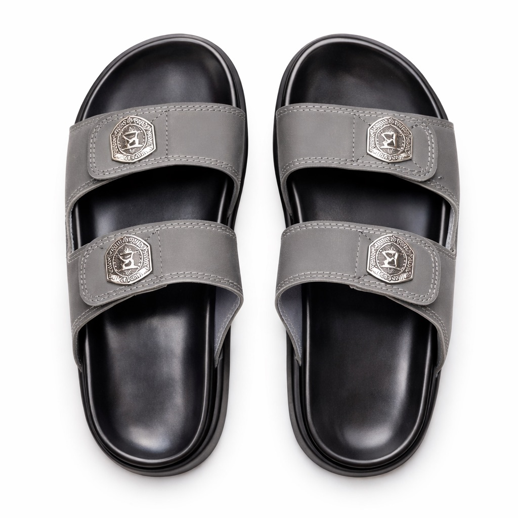 Mens Grey Dual Strap Slide Sandal  with Metal  Crest Detail