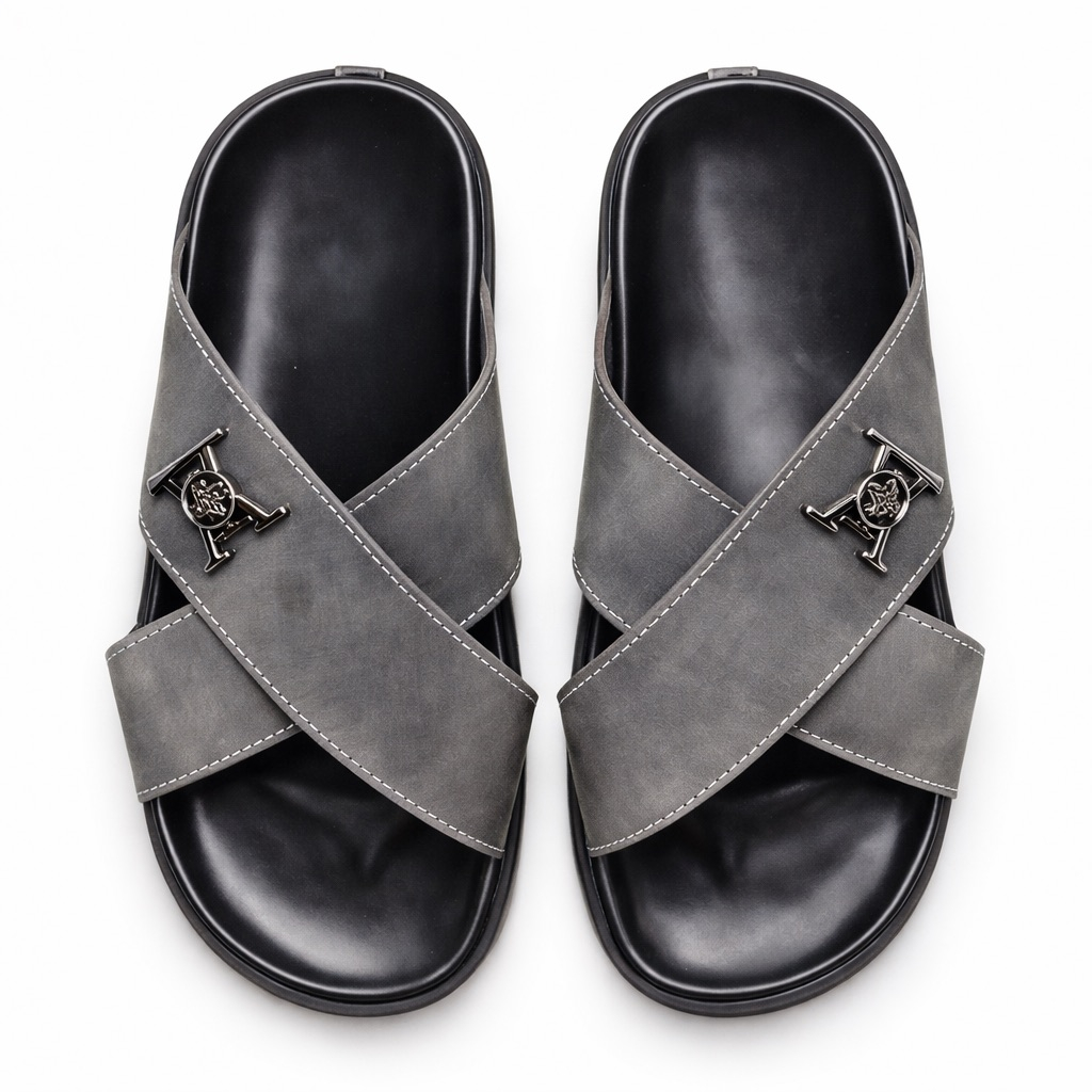 Mens Grey CrossStrap Slide  Sandal with Metal Emblem Detail