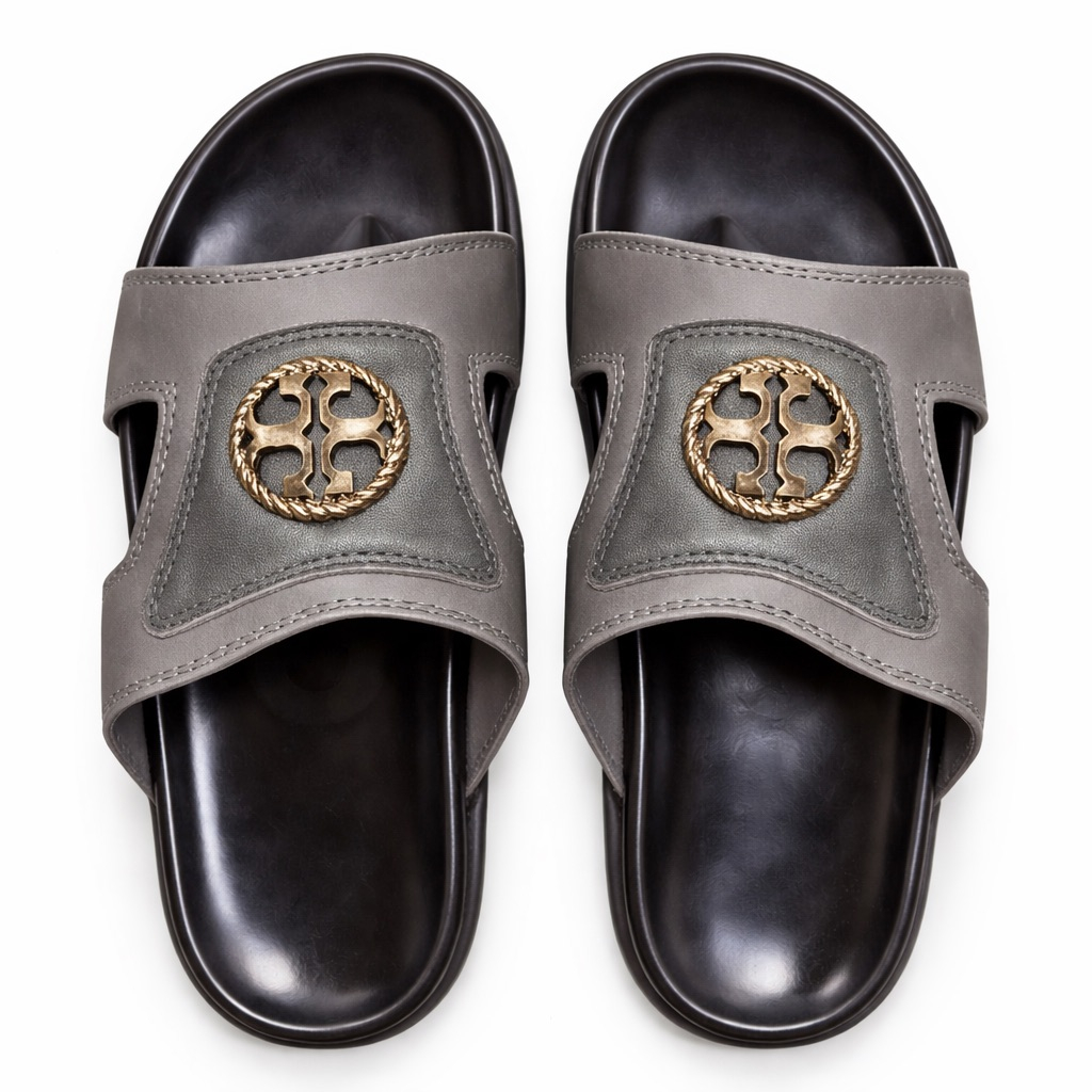 Mens Grey WideStrap Slide  Sandal with Embossed Medallion  Detail