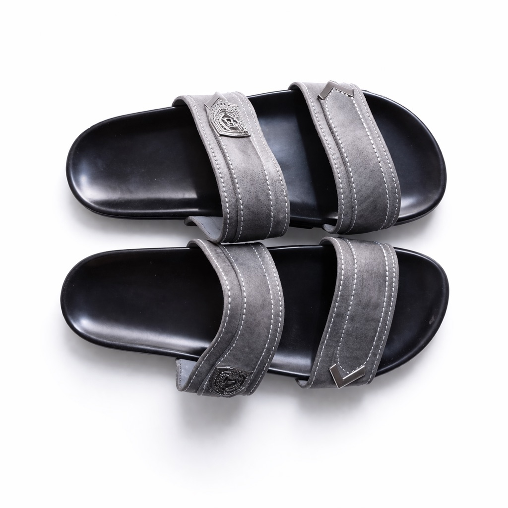 Mens  Grey Dual Strap Slide Sandal with Extended Strap and  Stitch Detail