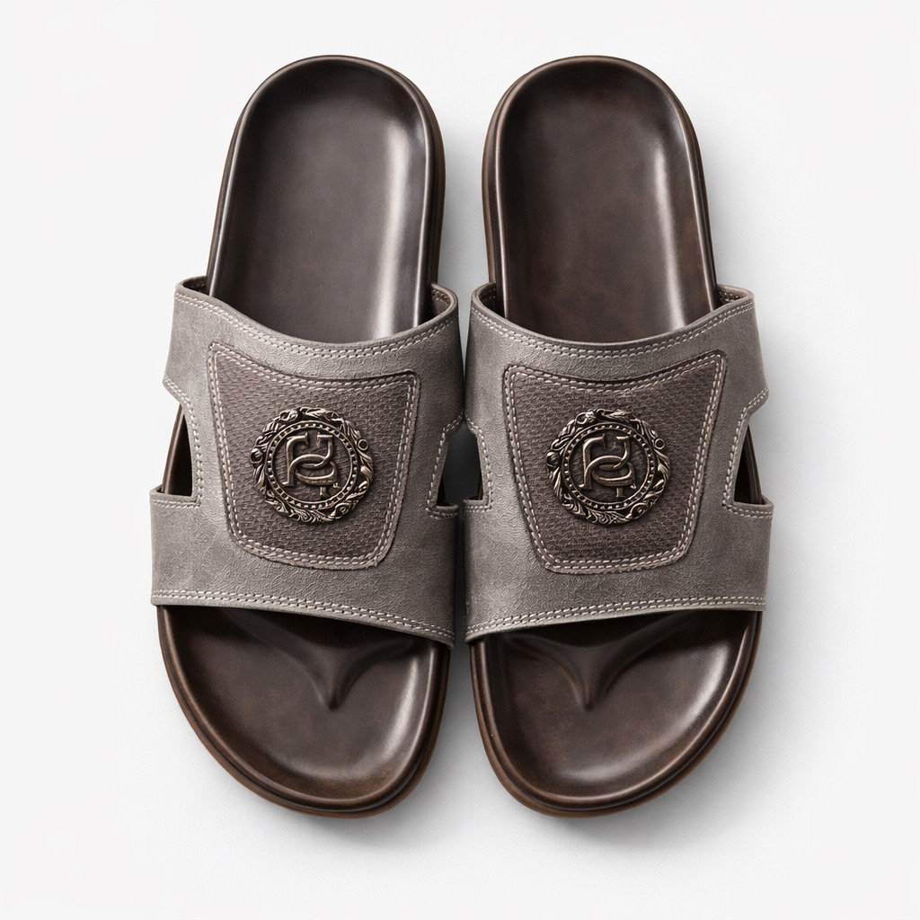 Mens Grey Textured Slide  Sandal with Embossed Crest Detail