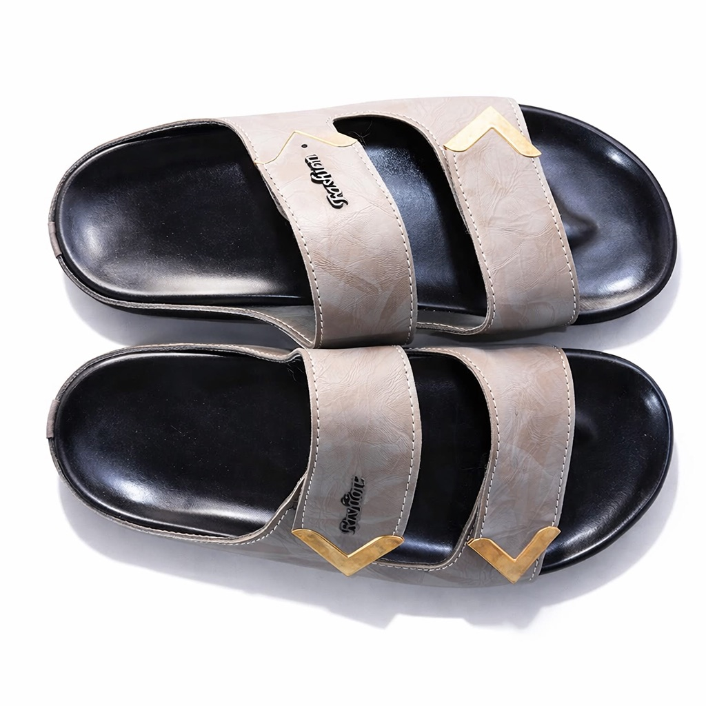 Mens Grey Dual Strap Slide Sandal  with Gold Edge Detail