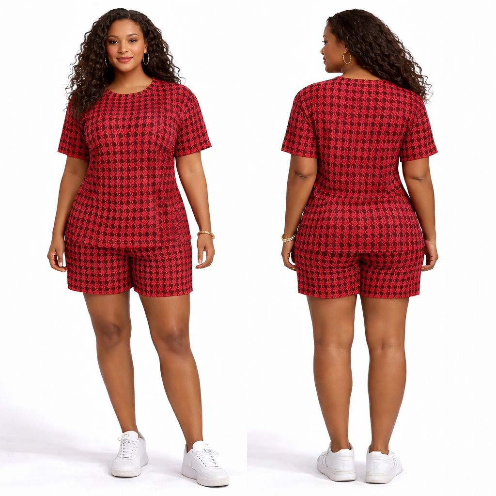 Red Houndstooth Two Piece Shorts Set