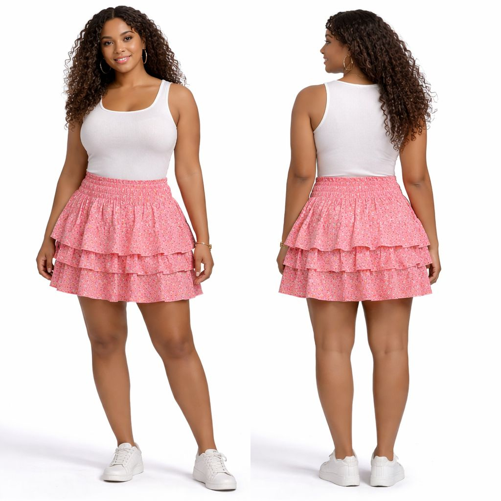 Pink Floral Tiered Ruffle Mini Skirt
