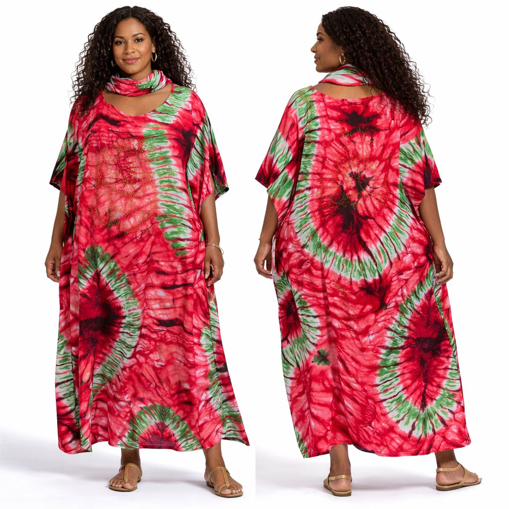 Radiant Tie Dye Kaftan Maxi Dress with Neck Scarf