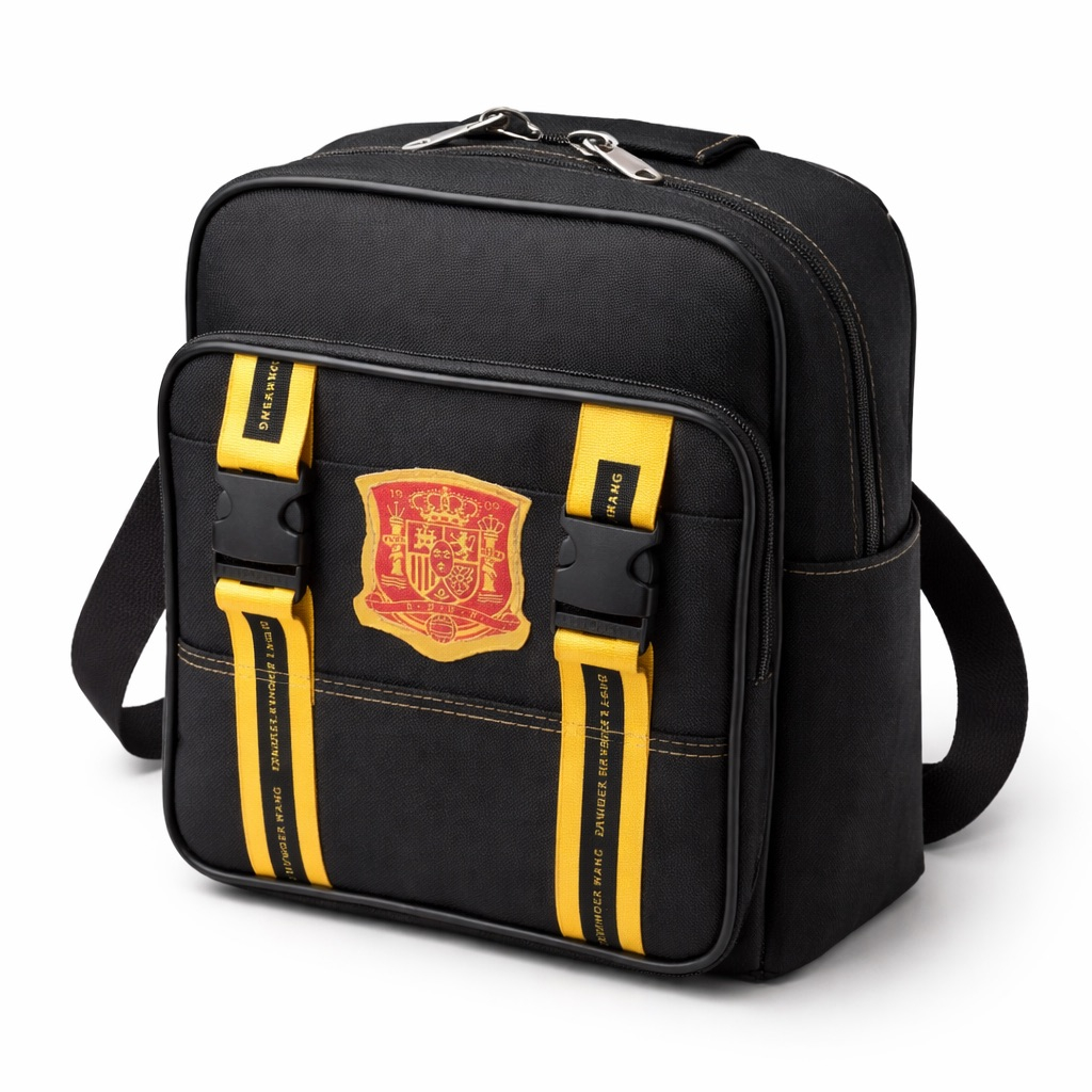 Black Utility Crossbody Bag with Crest Detail and  Dual Strap Buckle Design