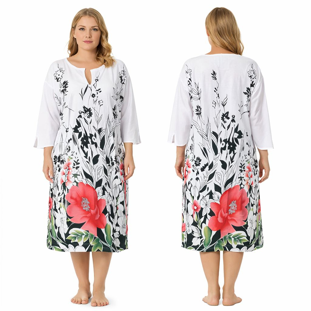 White Floral Print Midi Kaftan Dress