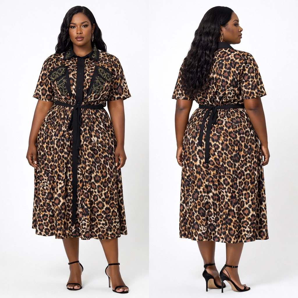 Leopard Print Shirt Dress with StudDetail and Waist Tie