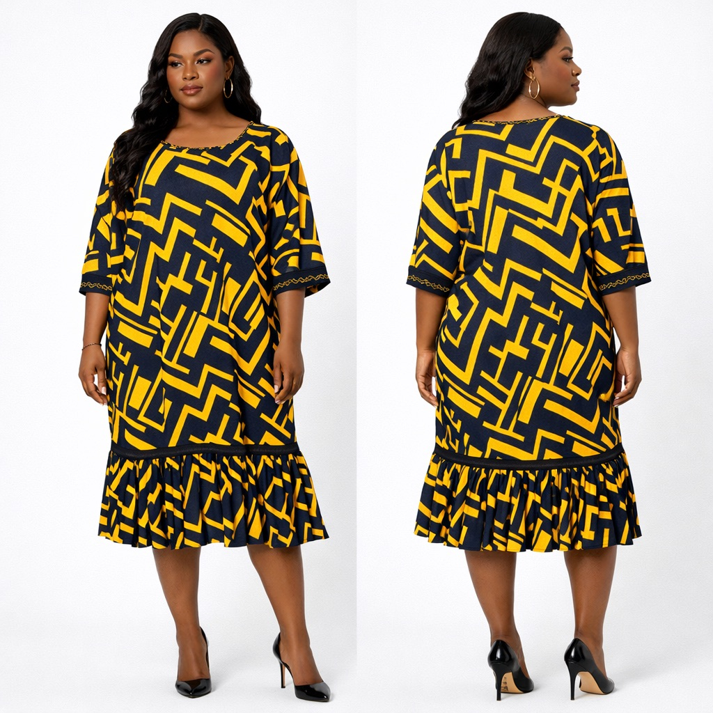 Yellow Geometric  Print Midi Dress with Ruffle  Hem Detail