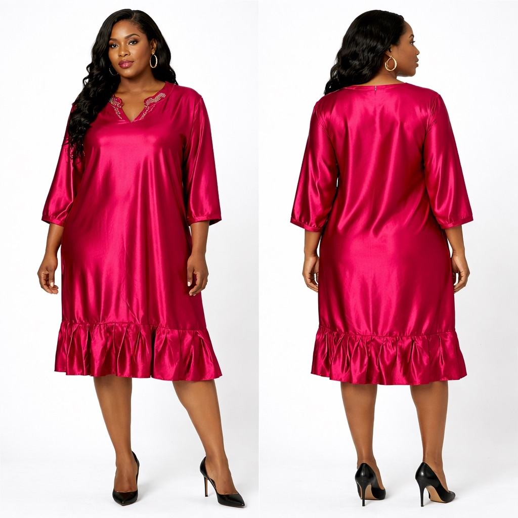 Red Satin  Midi Dress with Embellished Neckline and  Ruffle Hem