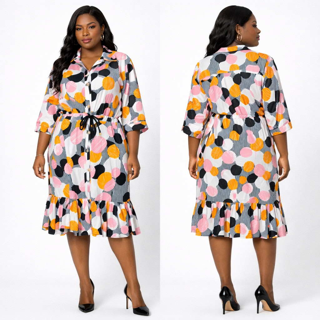 Multicolor Abstract  Print Shirt Dress with Waist Tie and Ruffle Hem