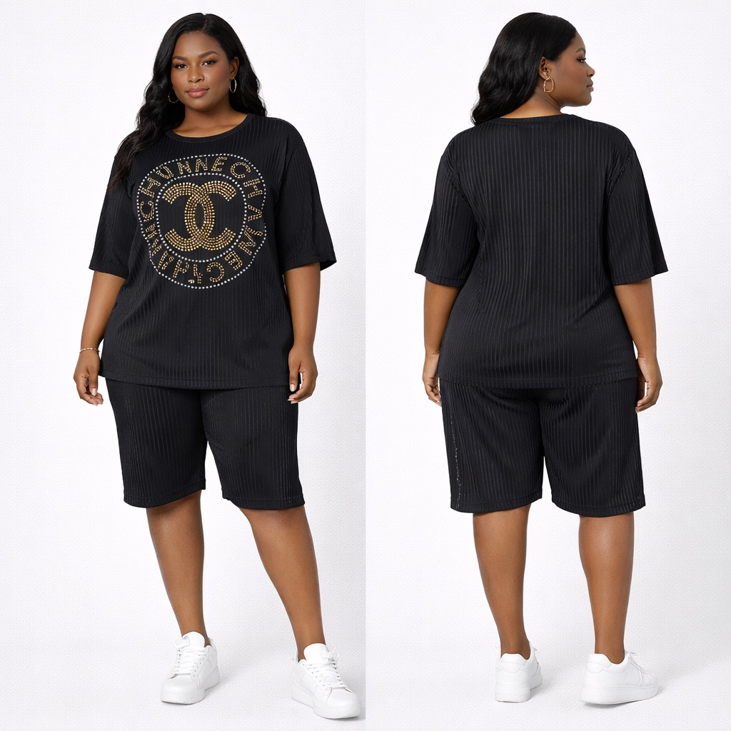 Black Ribbed TwoPiece Short  Set with Embellished Logo Detail