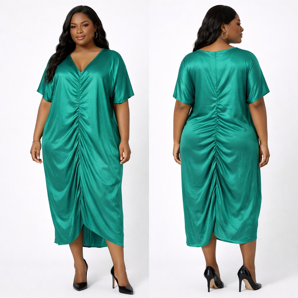 Emerald Green  Draped Midi  Dress with Front Ruched Detail