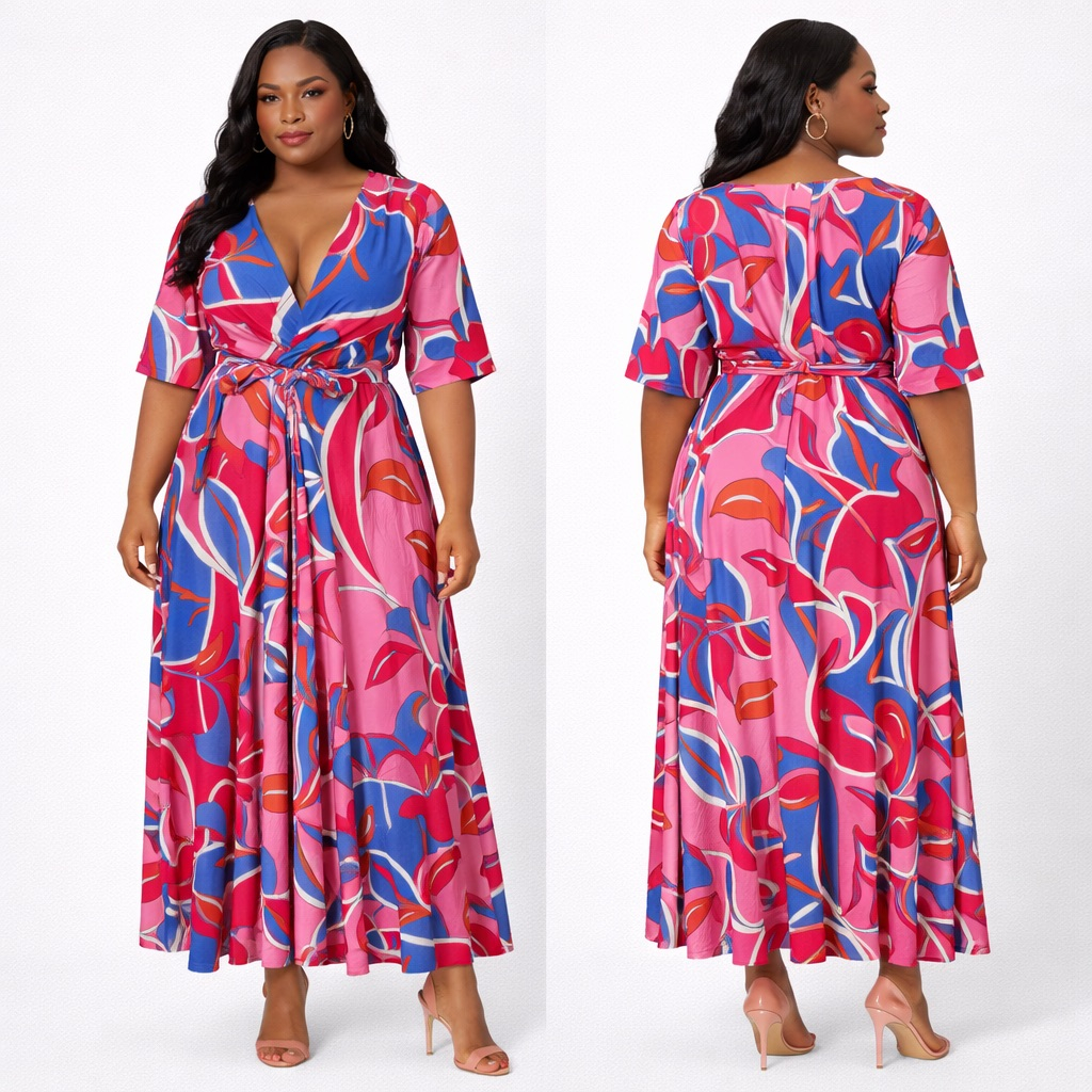 Multicolor Wrap Midi Dress with Abstract Print and  Waist Tie