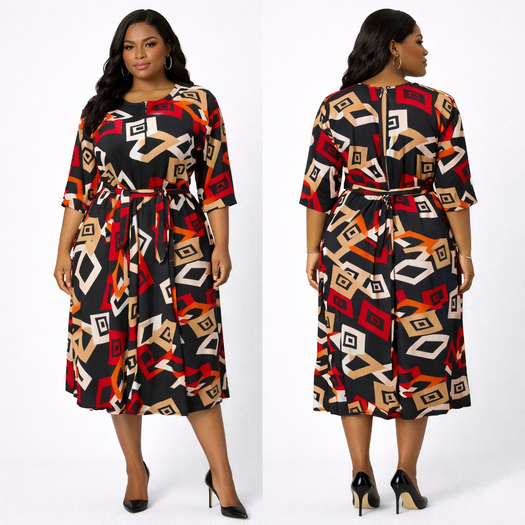 Multicolor  Geometric Print Midi Dress with Front  Zip and Waist Tie