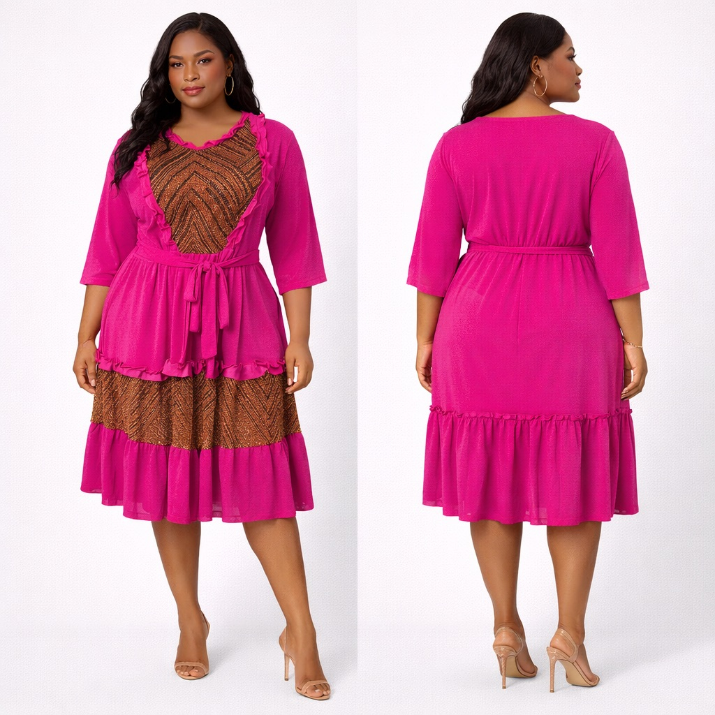 Pink Contrast Layered Midi Dress with Ruffle  Detail and  Waist Tie