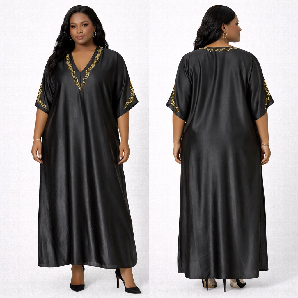 Black Satin  Maxi Dress with  Embellished VNeck Detail