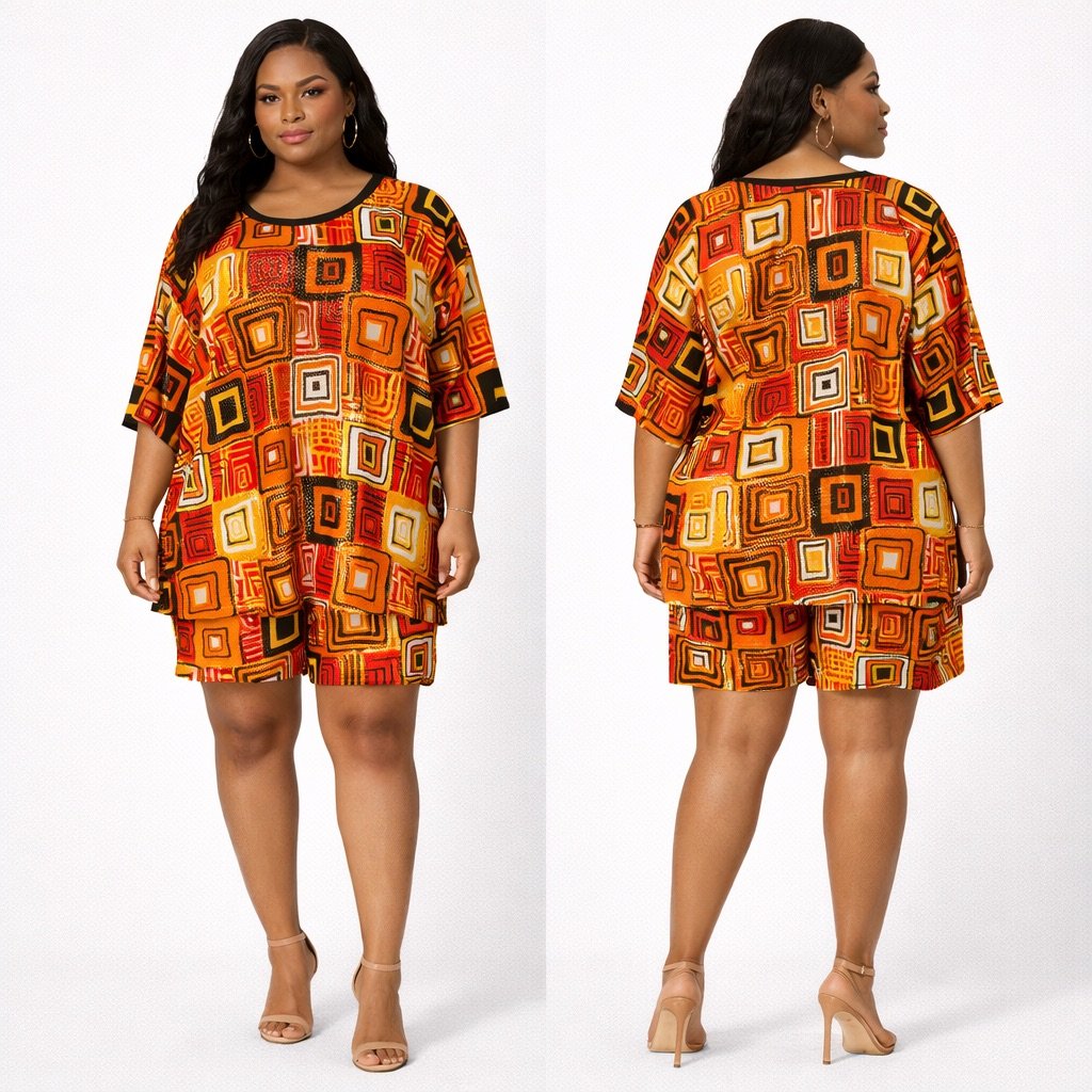Orange  Geometric Print TwoPiece Short Set  with Stud Detail