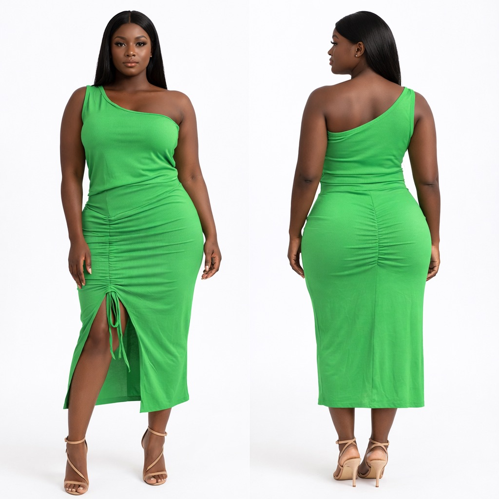Green One Shoulder Ruched Midi Dress with Front Slit