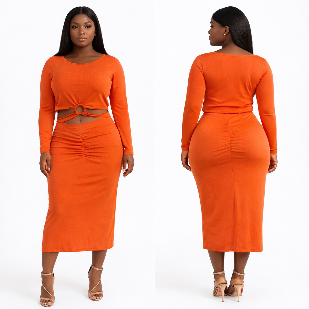 Orange Cut Out Ruched Two Piece Skirt Set with Long Sleeve Top